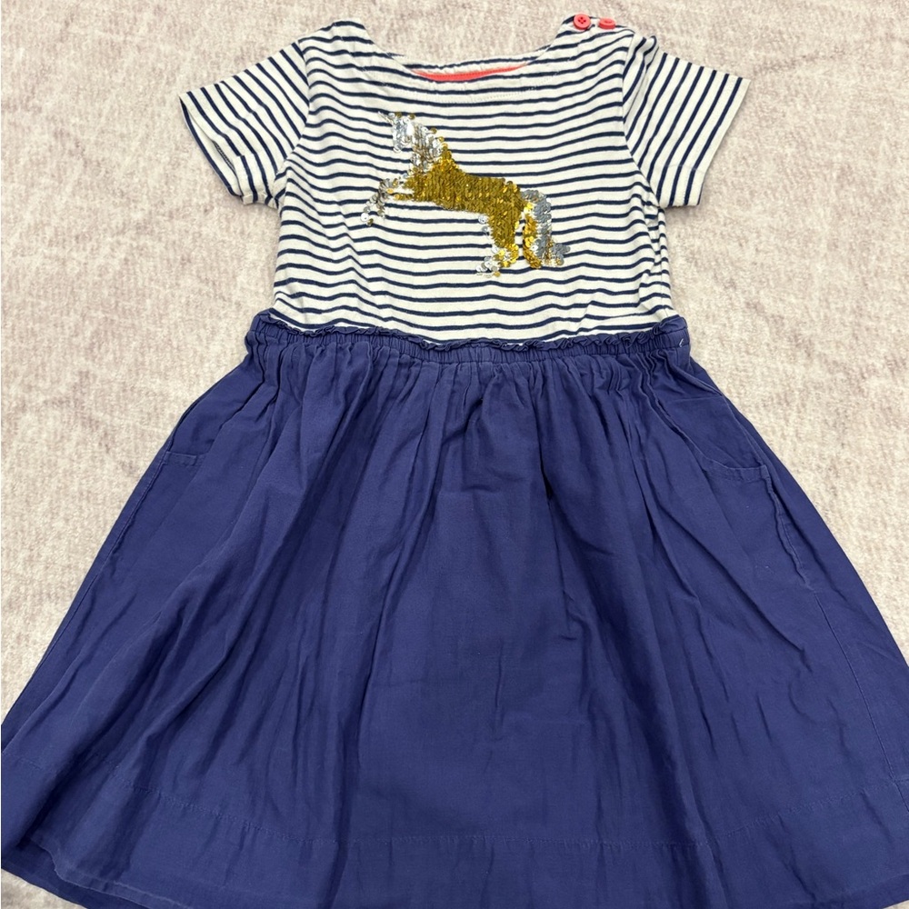Mini Boden Navy Skirt Striped Top Dress with Gold/Silver Flip Sequins Unicorn